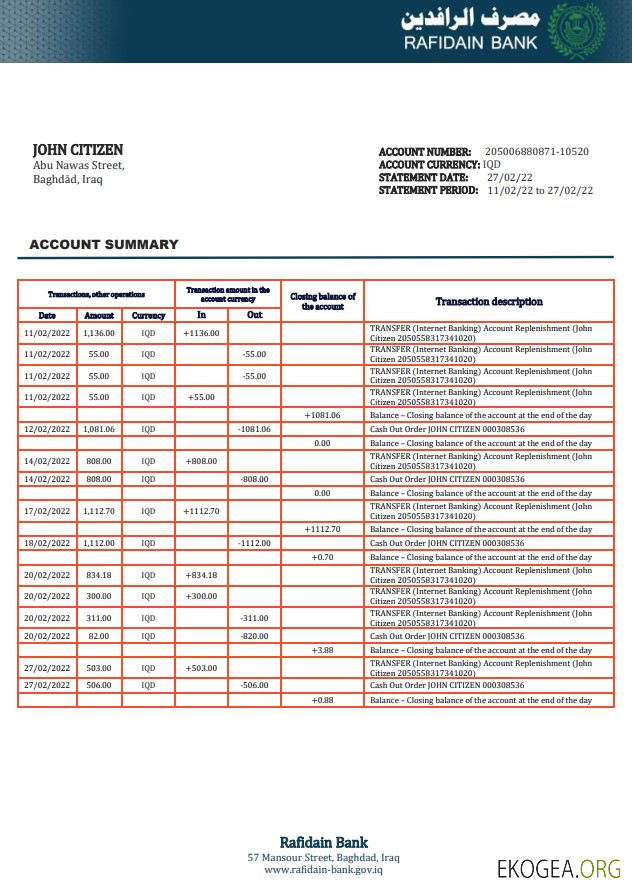 Irak Rafidain justificatif de domicile Relevé bancaire